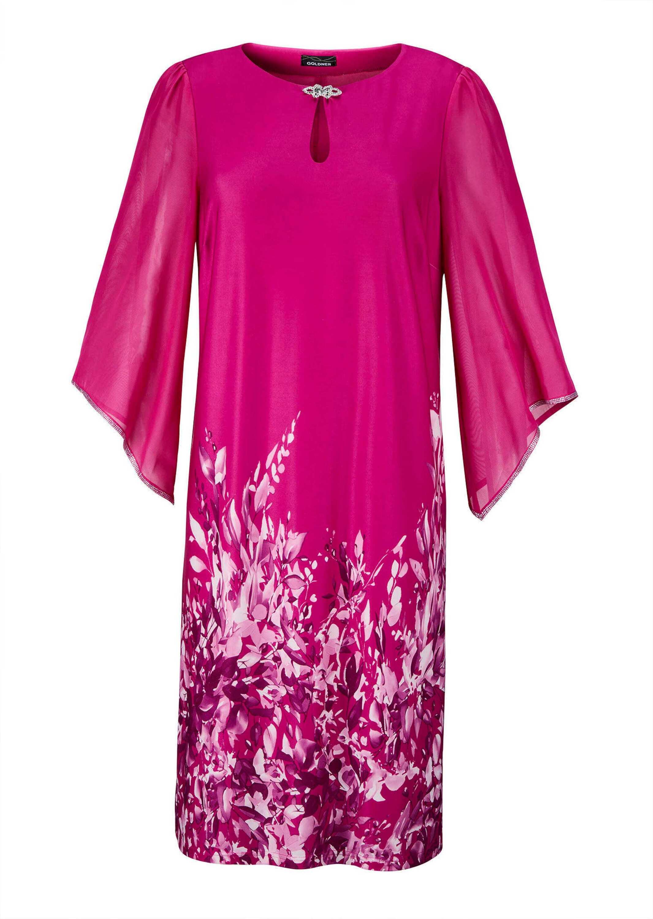 Sommerkleid GOLDNER "Kurzgröße Pinkes edles Chiffon-Kleid mit 3/4-Arm", Damen, Gr. 22, K-Gr, rosa (pink, geblümt), Obermaterial: 96% Polyester PES. 4% Elasthan EL., Kleider Sommerkleid