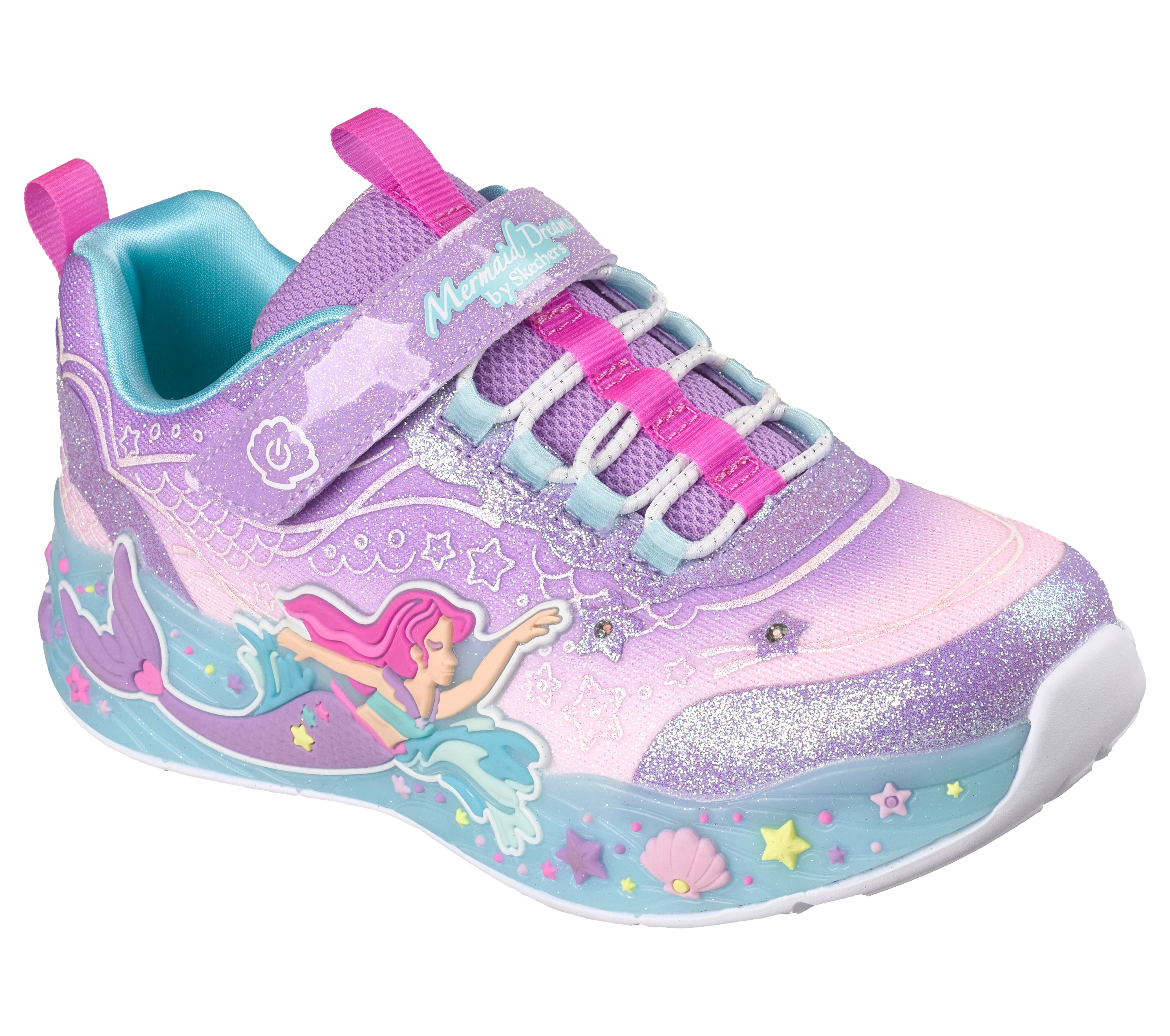 Sneaker SKECHERS "MERMAID DREAMS LIGHTS", Damen, Gr. 33, lavendel, Synthetik, Textil, Glitzer, kontrastfarbene Details, Schuhe Sneaker, Blink,-Klettschuh mit Applikation, Größenschablone zum Download