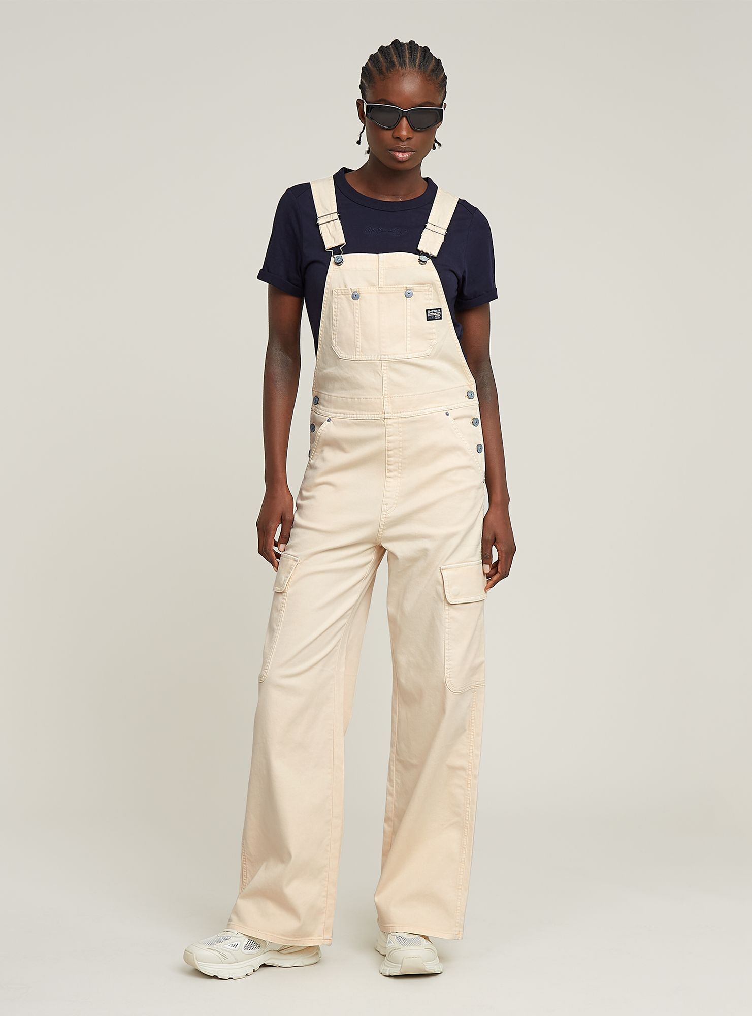 Jumpsuit G-STAR "Straight Dungaree", Damen, Gr. L, Normalgrößen, linen gd, Obermaterial: 50% Baumwolle, 47% Baumwolle, 3% Elasthan, Overalls Jumpsuit