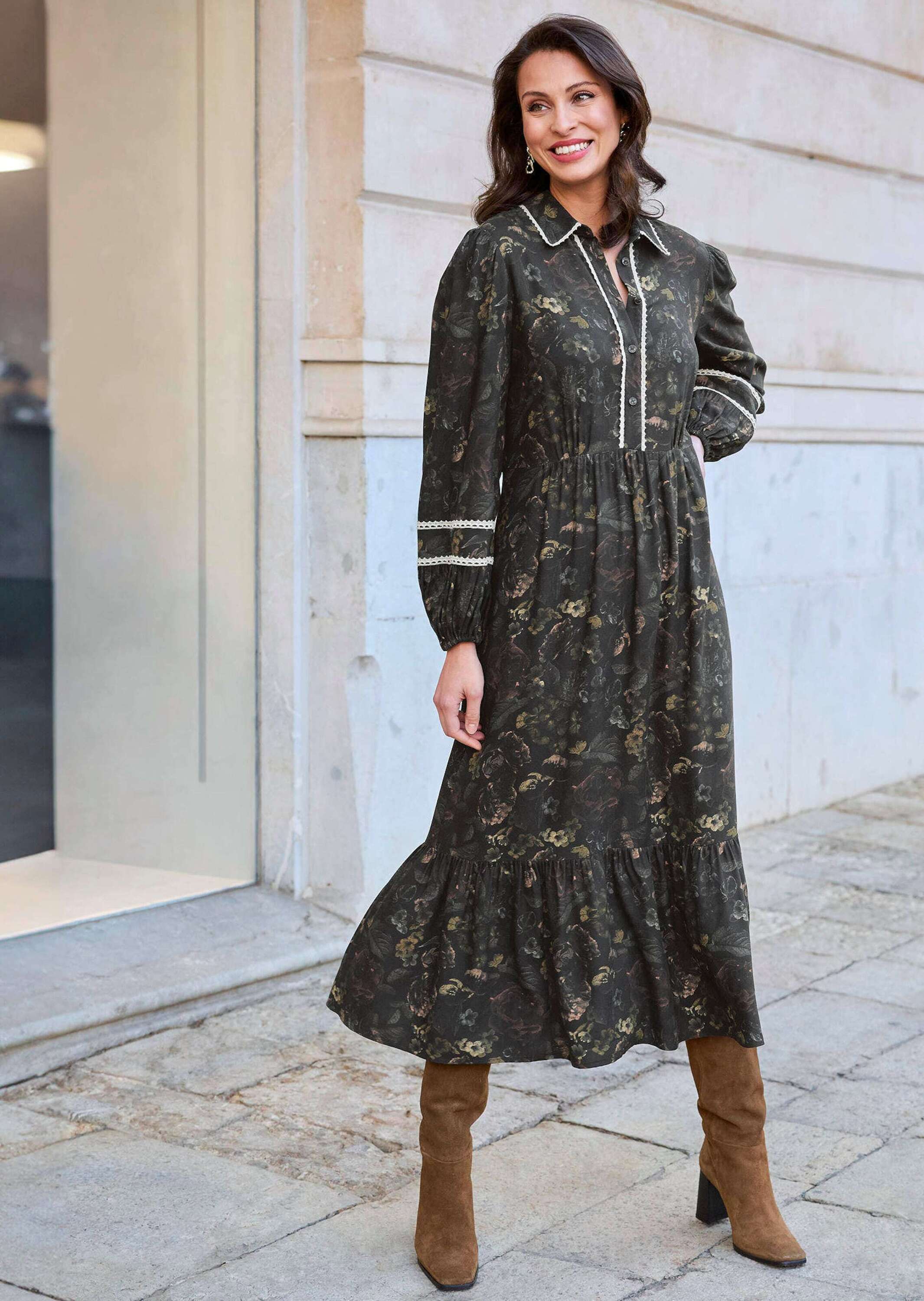 Midikleid ALBA MODA "Kleid Kleid", Damen, Gr. 38, N + K Gr, schwarz (schwarz, multicolor), Obermaterial: 100% Viskose CV., Modern, Kleider Midikleid