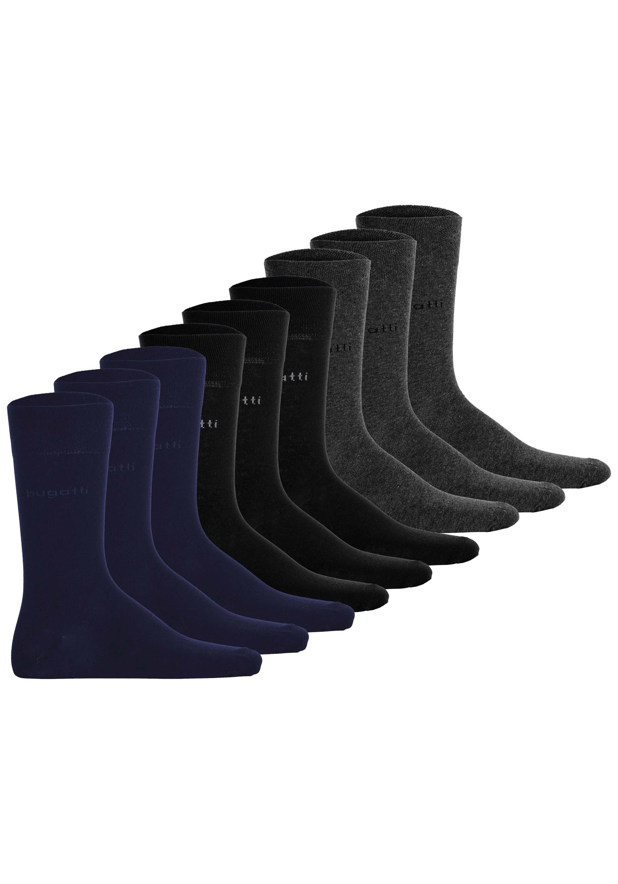Kurzsocken BUGATTI "Socken 9er Pack", Herren, Gr. 39-42, bunt (schwarz, grau, dunkelblau), Obermaterial: 78% Baumwolle CO. 20% Polyamid PA. 2% Elasthan EL., Socken