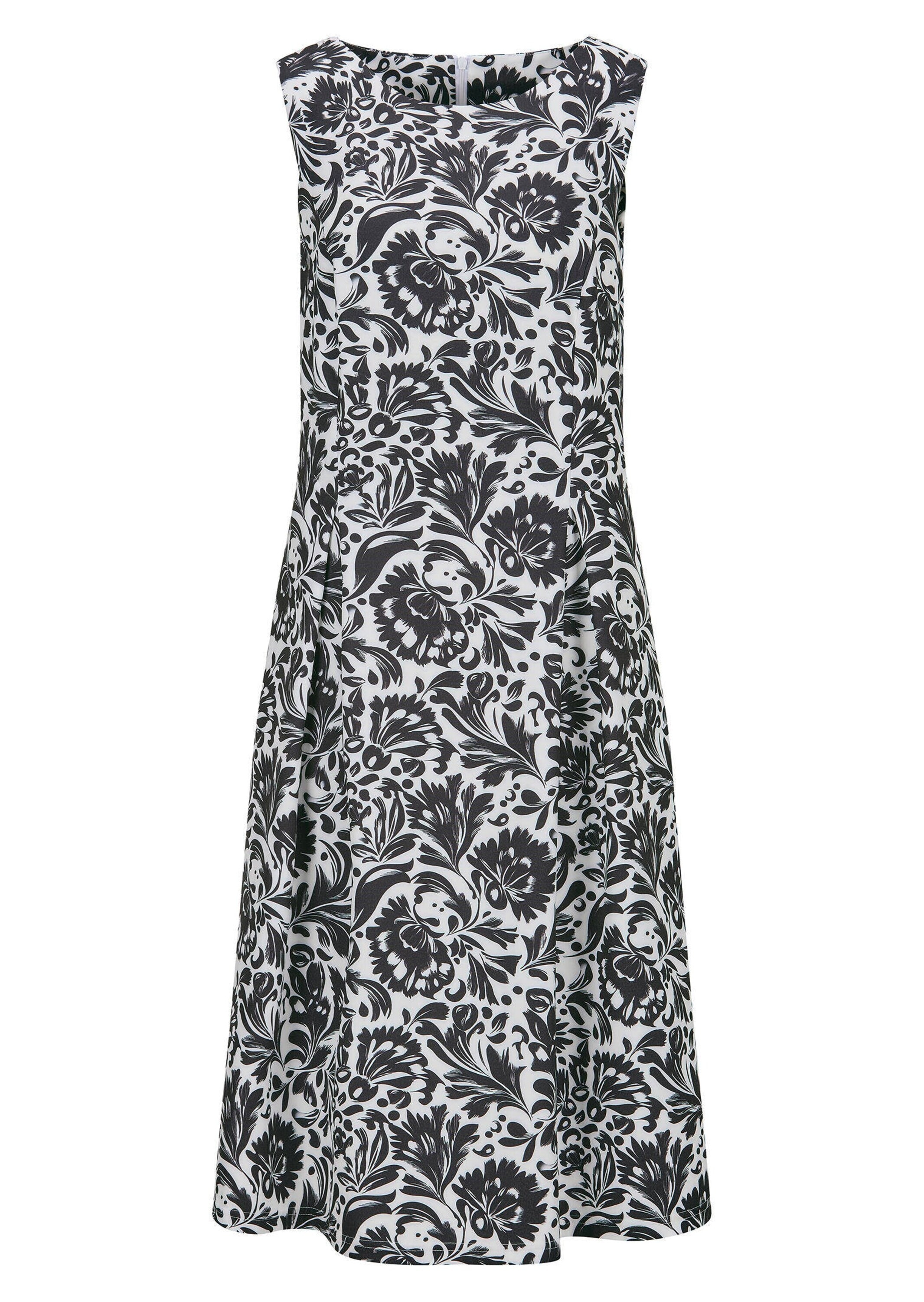 Sommerkleid GOLDNER "Elegantes Kleid aus Crêpe-Jersey", Damen, Gr. 46, N-Gr, schwarz (schwarz, weiß, gemustert), Obermaterial: 87% Polyester PES. 13% Elasthan EL., Kleider Sommerkleid