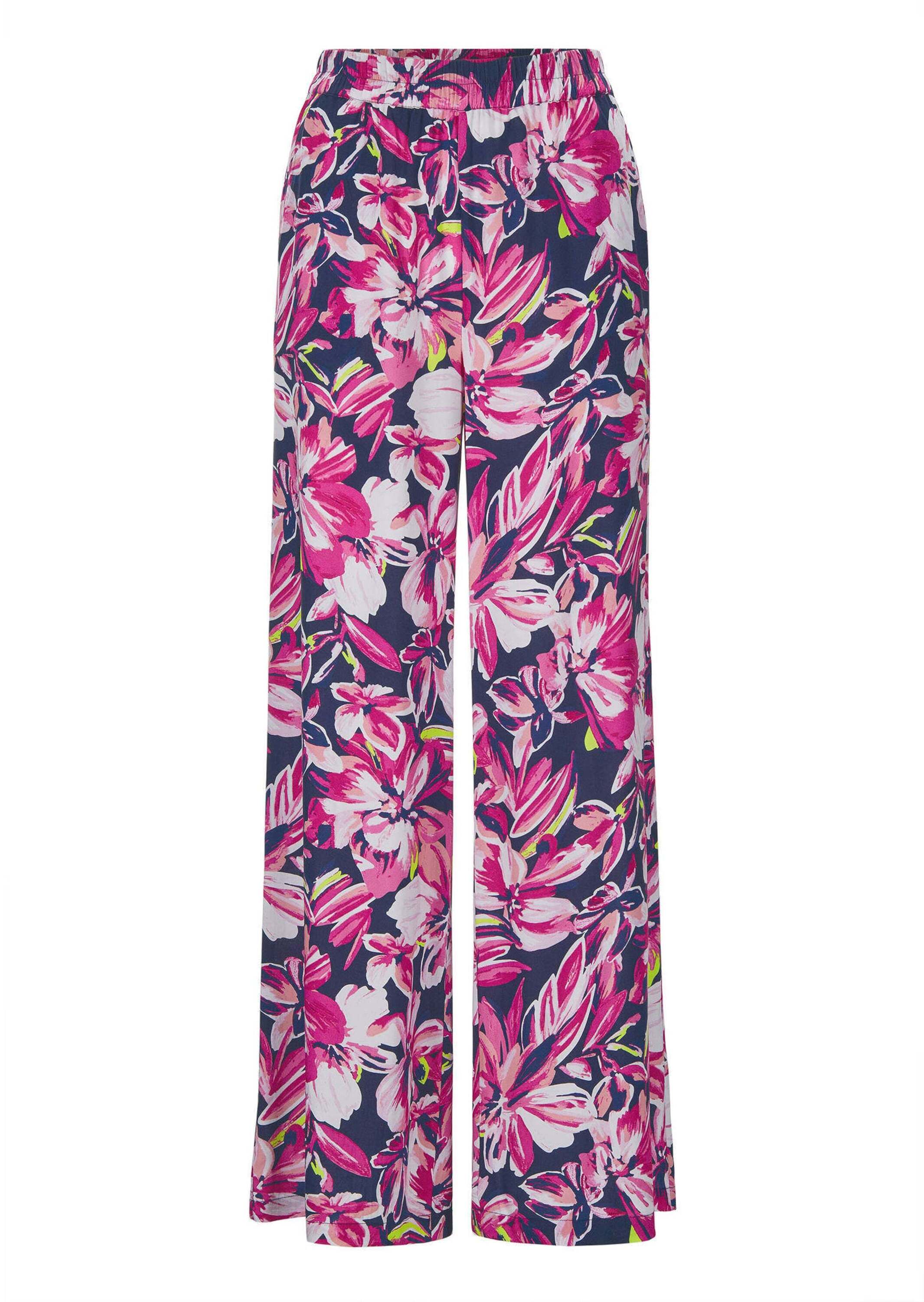 Schlupfhose GOLDNER "Kurzgröße Elegante Hose VERA mit Blütendruck", Damen, Gr. 21, K-Gr, pink (pink, marine, gemustert), Obermaterial: 100% Viskose CV., Hosen Schlupfhose