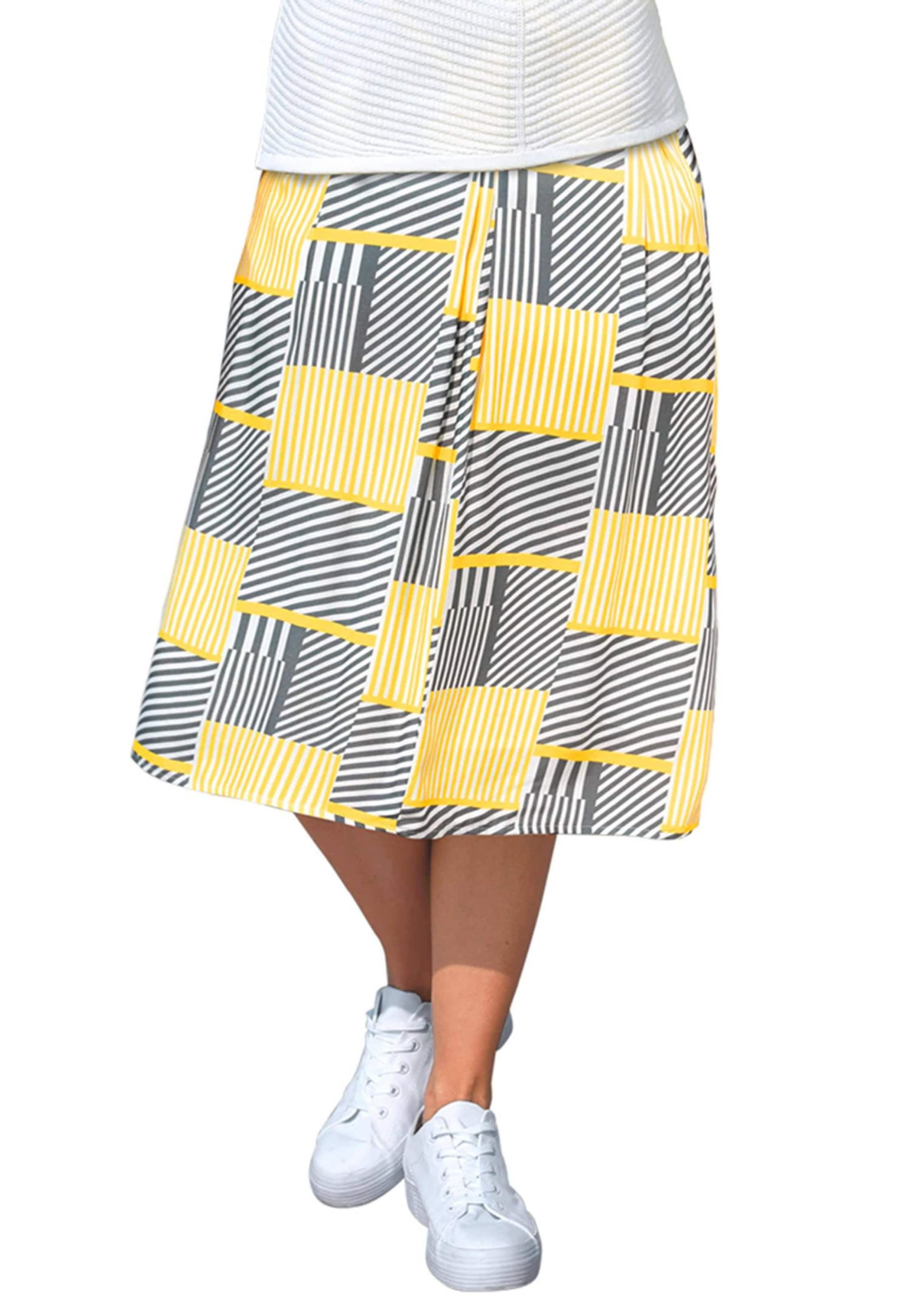 Sommerrock GOLDNER "Moderner Druckrock aus fließender Viscosequalität", Damen, Gr. 52, gelb (gelb, grau, gemustert), Obermaterial: 100% Viskose CV., normal, Röcke, Ohne