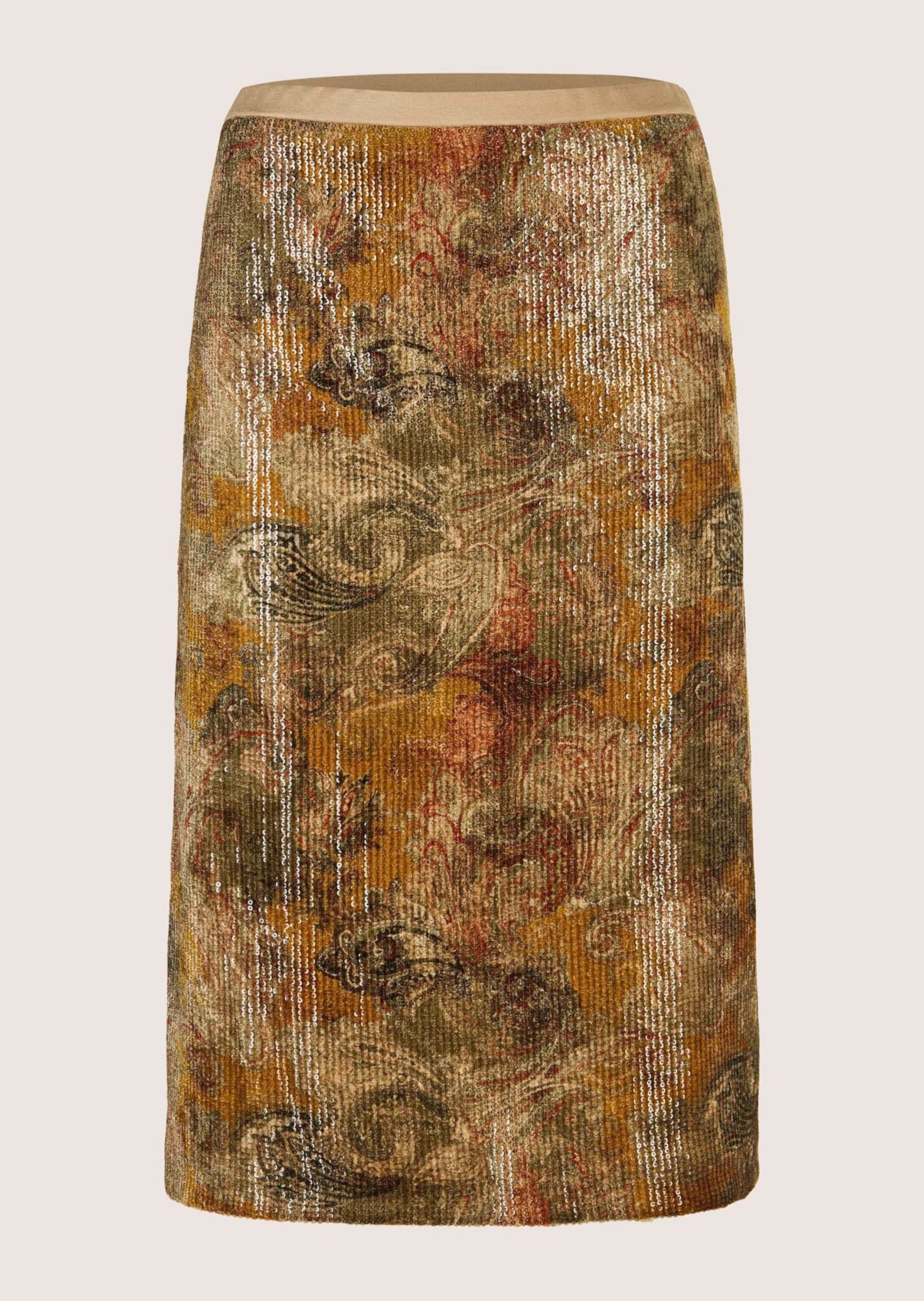 Sommerrock MADELEINE "Samtrock Eleganter Rock mit Paisley-Design", Damen, Gr. 36, beige (beige, schwarz, multicolor), Obermaterial: 47% Polyester PES. 33% Viskose CV. 14% Polyamid PA. 6% Elasthan EL., Modern, Röcke