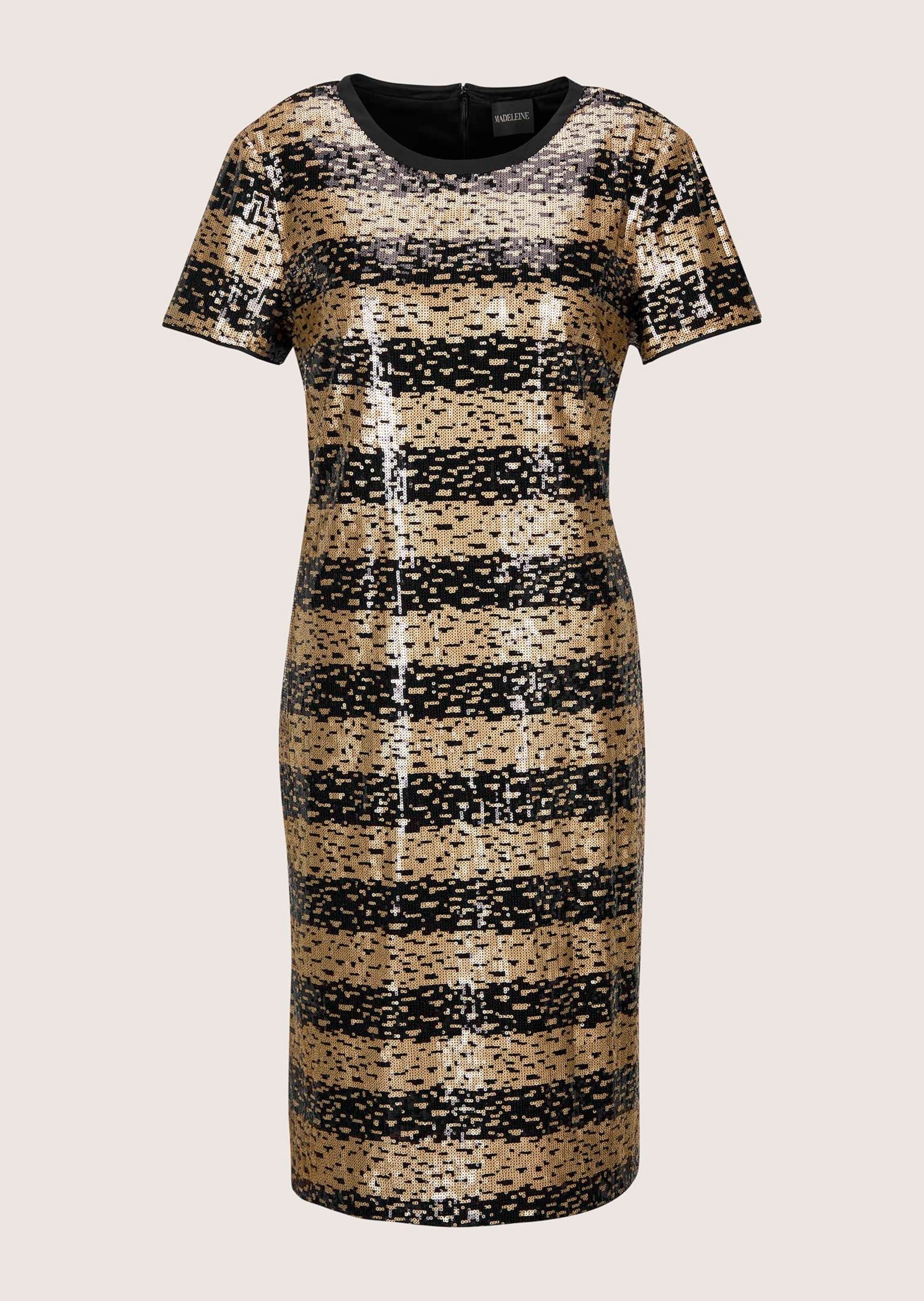 Cocktailkleid MADELEINE "Paillettenkleid Elegantes Shirtkleid im Streifen-Look", Damen, Gr. 36, N-Gr, schwarz (schwarz, multicolor), Obermaterial: 95% Polyester PES. 5% Elasthan EL., Modern, Kleider, Allover-Pailletten