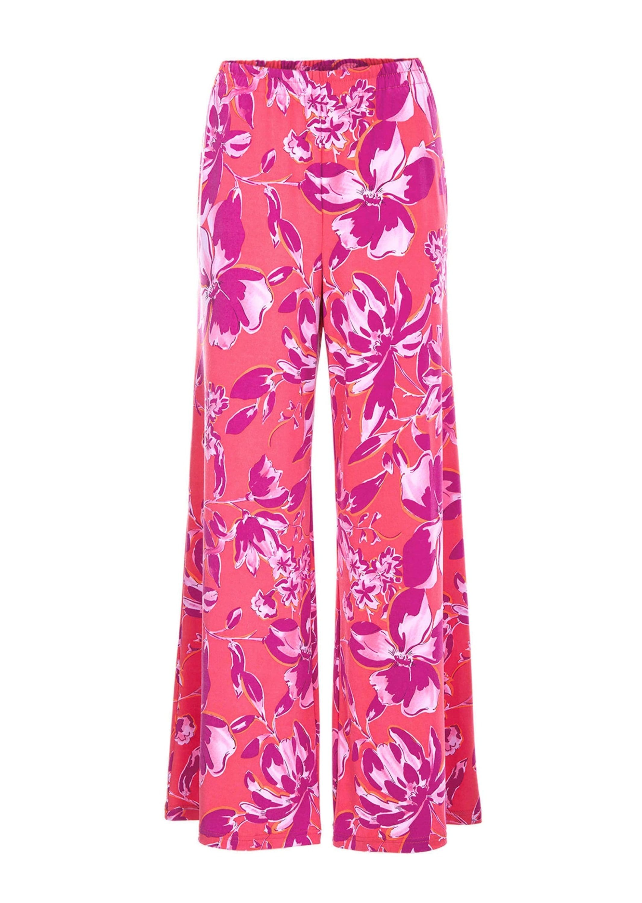 2-in-1-Hose GOLDNER "Kurzgröße Palazzo-Hose mit sommerlichem Druck", Damen, Gr. 22, K-Gr, pink (pink, mandarine, geblümt), Obermaterial: 95% Polyester PES. 5% Elasthan EL., Hosen