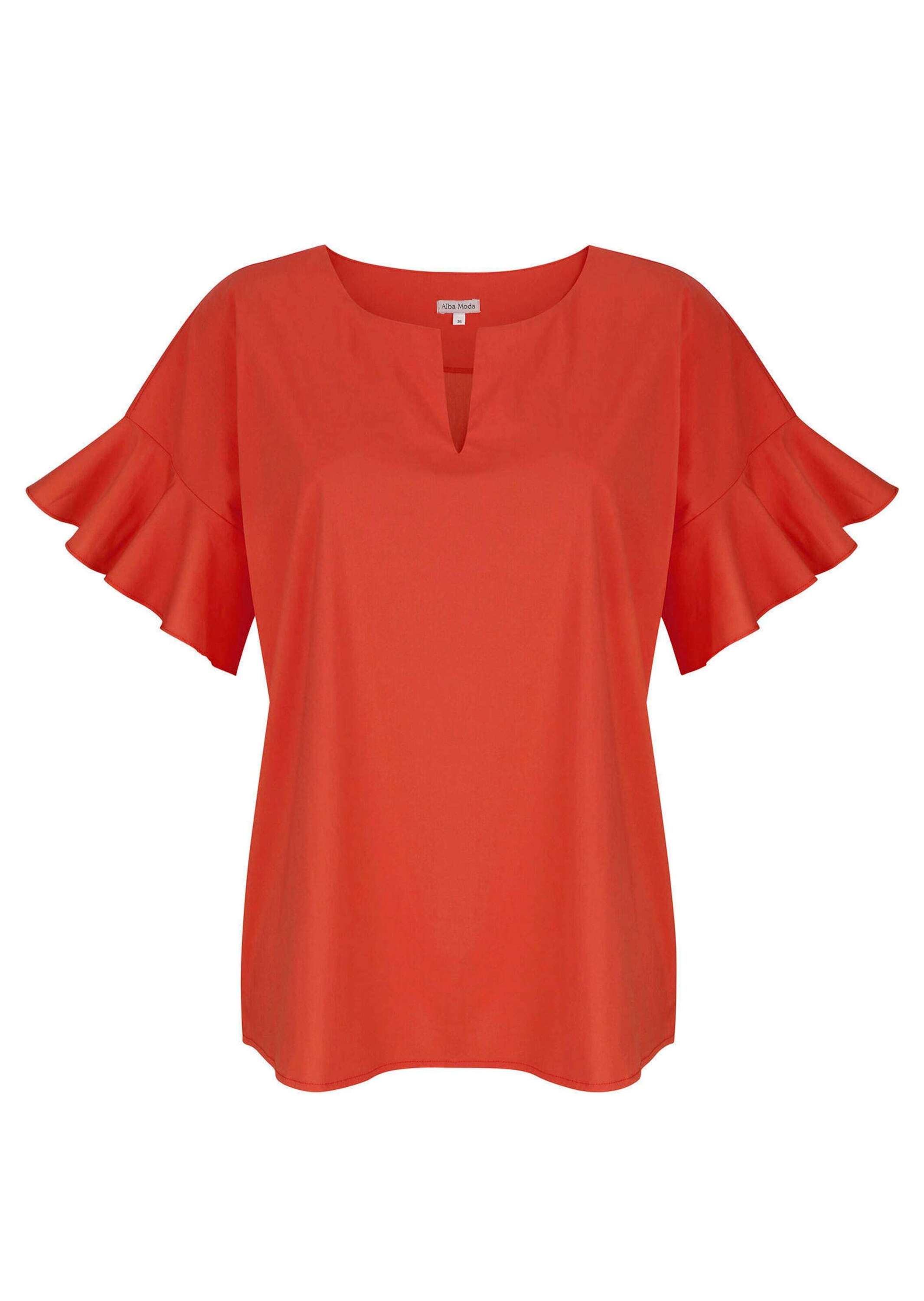 Kurzarmbluse ALBA MODA "Bluse Bluse mit V-Ausschnitt", Damen, Gr. 36, orange, Obermaterial: 73% Baumwolle CO. 23% Polyamid PA. 4% Elasthan EL., Blusen