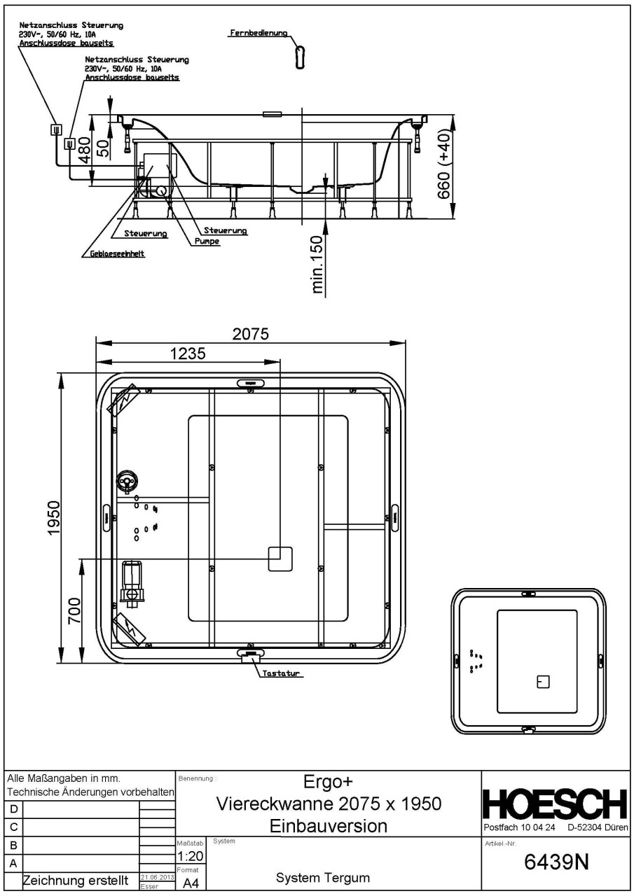 Hoesch Whirlwanne Ergo+ Quadrat 2075x1950 freistehend mit System Tergum Whirl Weiss/Chrom/Glas Schwa 6444N.010305552 Image