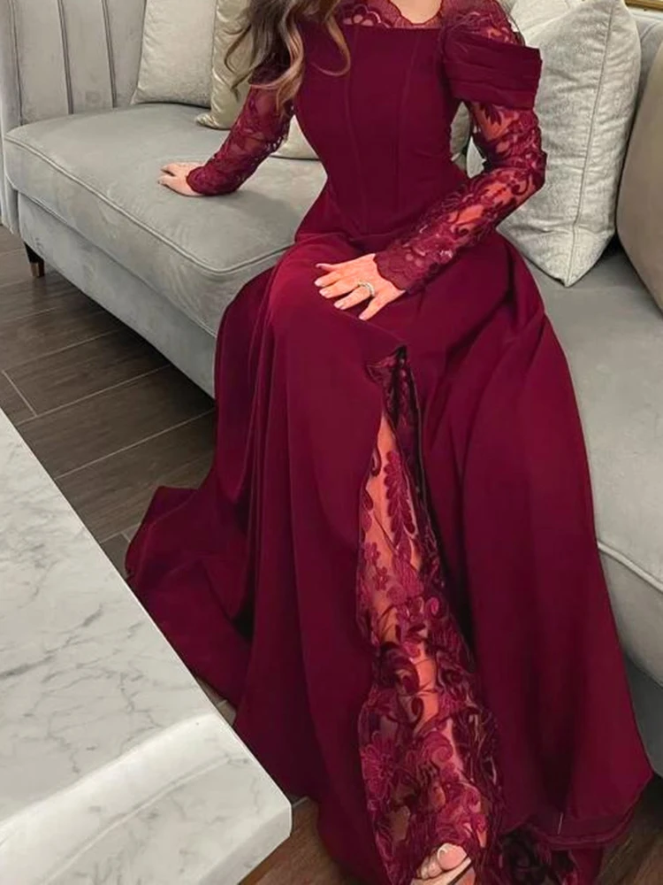 Robe de soirée plissée en dentelle, couleur unie, taille haute, asymétrique épaule dénudée, épissée, élégante, manches longues, robe de Banquet