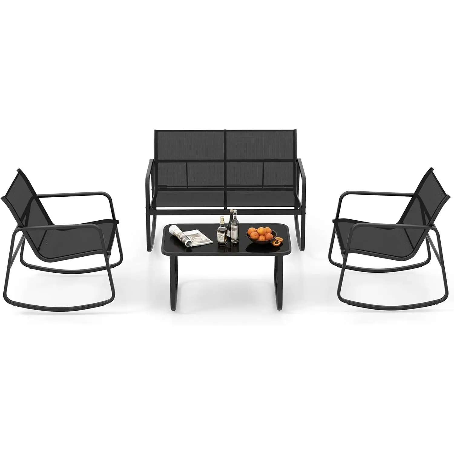 Set di mobili da giardino da 4 pezzi, mobili da giardino con movimento a dondolo morbido, set da giardino con 2 sedie, panca e tavolo