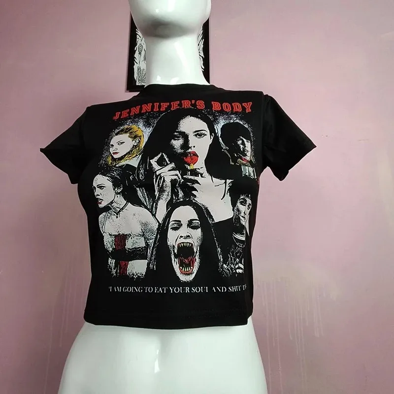 Women's T-shirt Harajuku crop Top Harajuku Retro Korean Black Demon Punk Gothic Anime Print Clothes Slim ropa mujer Y2k