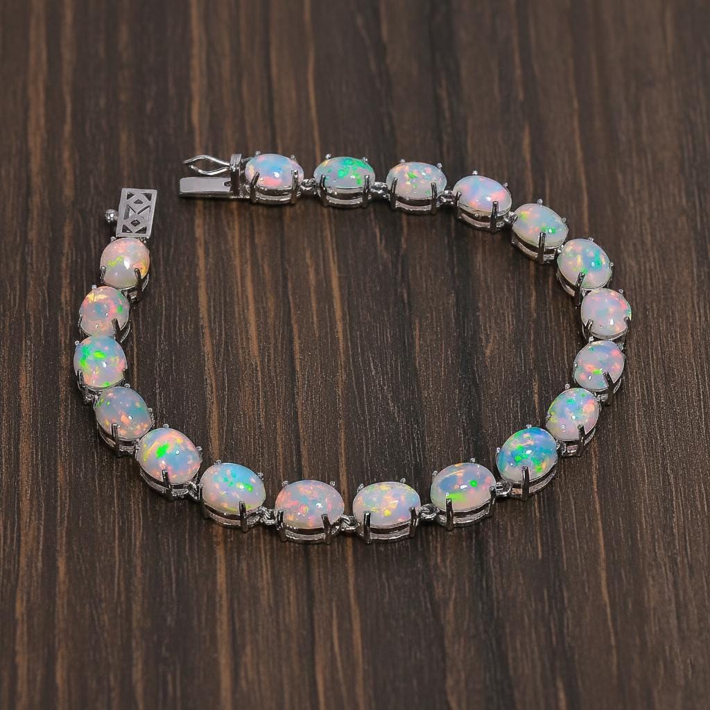 Bracciale tennis con opale etiope AAA+* Bracciale in argento con opale di fuoco* Bracciale tennis con pietre preziose per donna* Bracciale con opale n