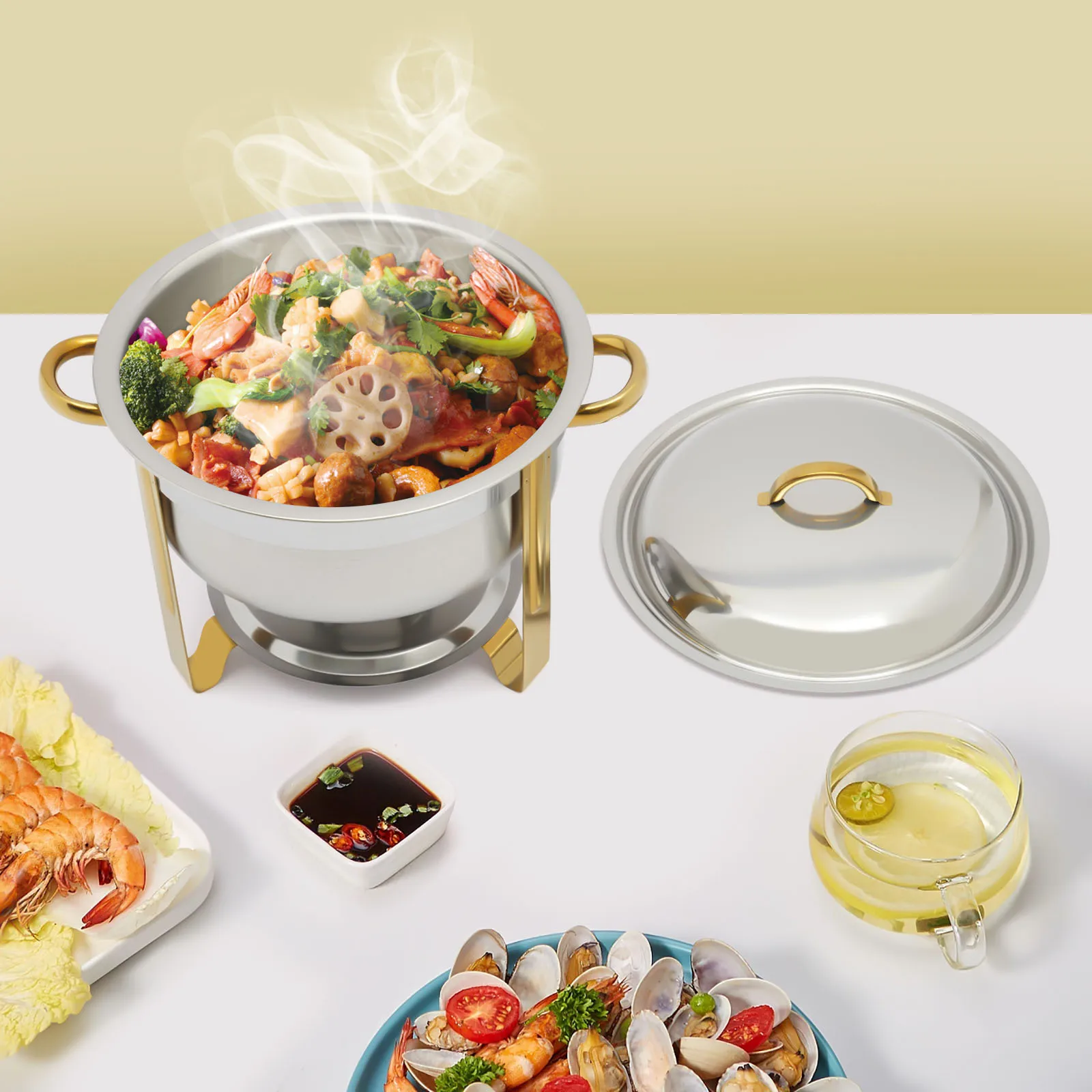 5L runder Chafing Dish aus Edelstahl, Speisewärmer-Wärmebehälter für Buffet, Catering, Gastro und Party Image
