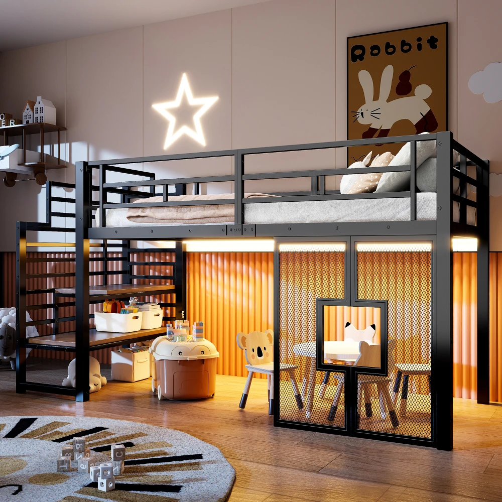 90x200cm Metall-Hochbettgestell mit Treppe, Stauraum, Babybett mit LED-Beleuchtung und Fenstern, Kinder-Etagenbett, Schwarz/Weiß Image