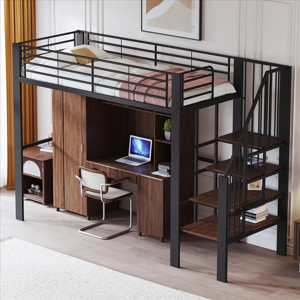 Robustes Metall-Hochbett 90*200/140*200cm mit Geräumigem Stauraum Unter dem Bett Platzsparendes Bettgestell für Kinder Erwachsene Schlafzimmermöbel Image