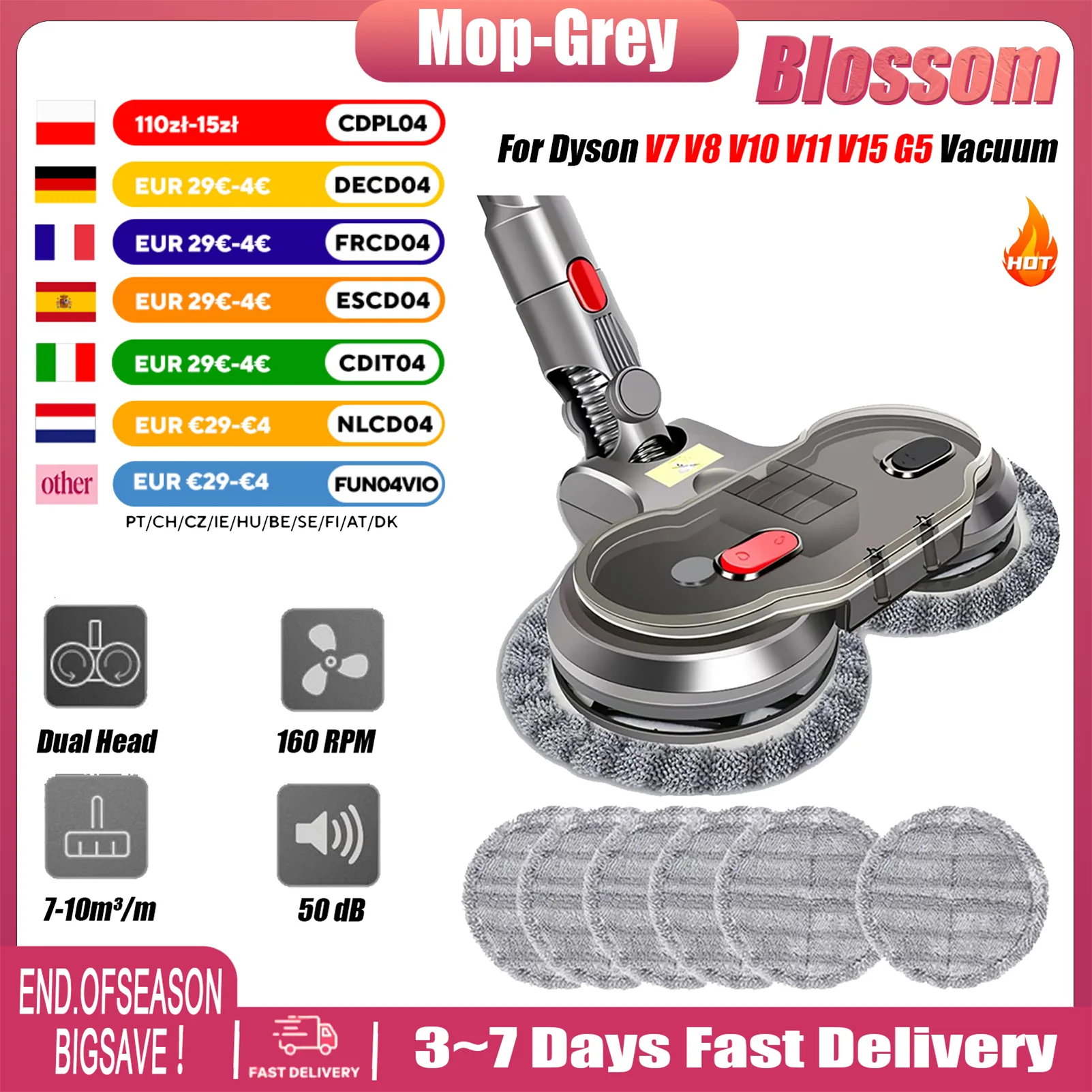 Blossom Mop-Grey Elektrischer Wischkopfaufsatz für Dyson V7 V8 V10 V11 V15 G5 Staubsauger mit Wassertank, 6 Wischtücher, 6 optionale Typen Image
