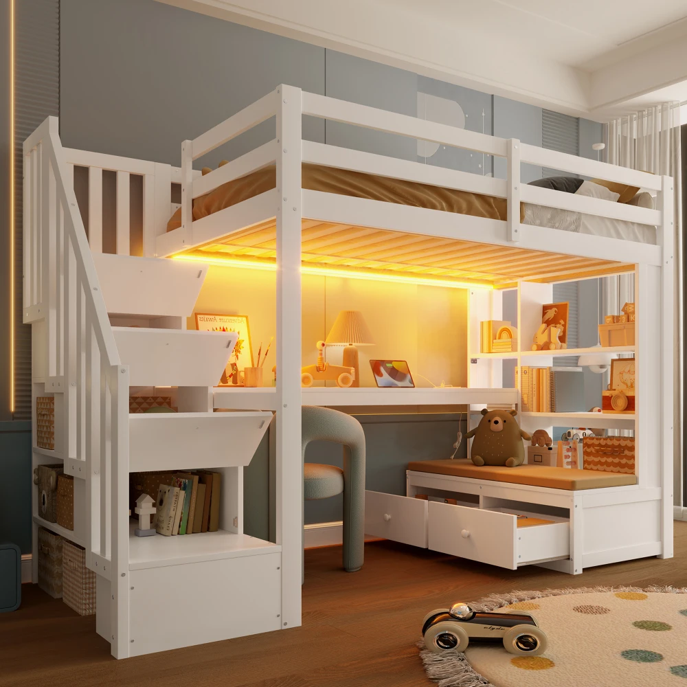90x200cm modernes Hochbett, Kinderbett, Babybett mit Schreibtisch und Regalen, zwei integrierte Schubladen, Stauraumtreppe, Schlafzimmermöbel
