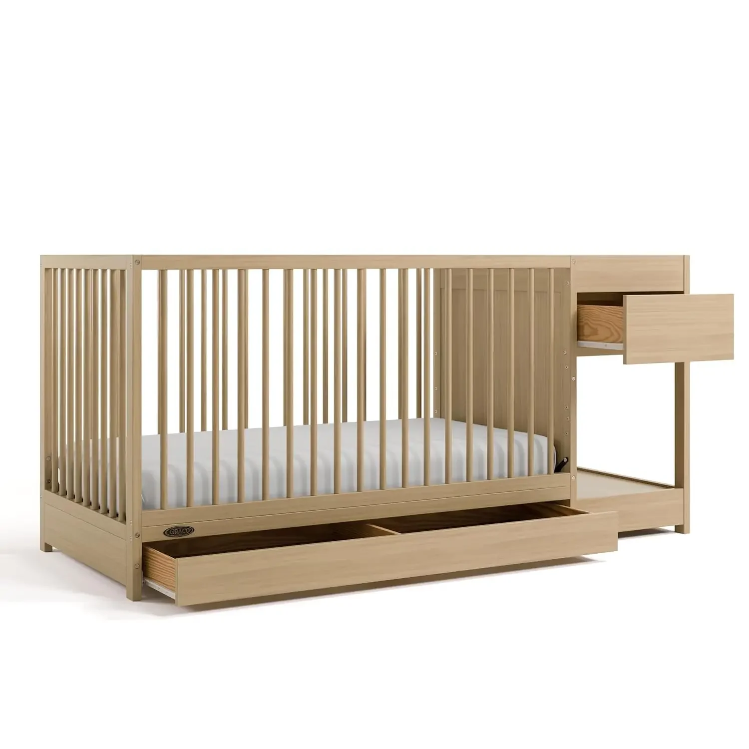 Babybett aus Holz gefertigt, wandelt in das Kleinkindbett um – 5-in-1 umwandelbares Kinderbett und Wechsler mit Schublade (Driftwood) Image