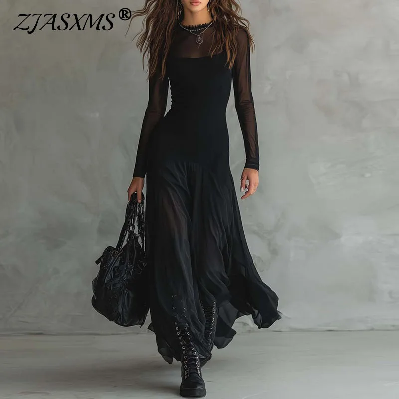 2026 Frühling Patchwork Transparentes Mesh Damen Maxikleid Elegantes O-Ausschnitt Ausgeschnittenes Partykleid Herbst Langarm A-Linie Langes Kleid Image