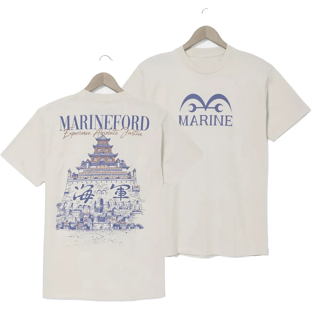 Exklusives Marineford-T-Shirt für Anime-Fans, beige, Vorder- und Rückseite bedruckt, Retro-Marinebasis-Design, Streetwear für Alltagsoutfits und Cosplay