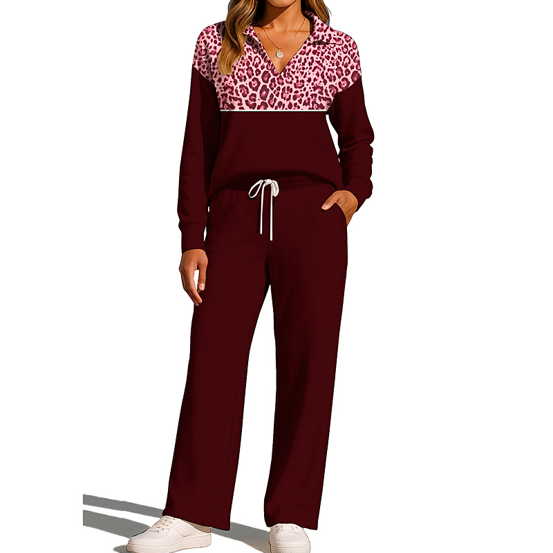 Women's Sweatshirt Tracksuit Sweatpants Drawstring Pocket Leopard Jacket and Sweatpants Athletic Clothing Set Loungewear Summer Spring Fall Winter Red Brown Black Gym Workout Casual Workout Thermal