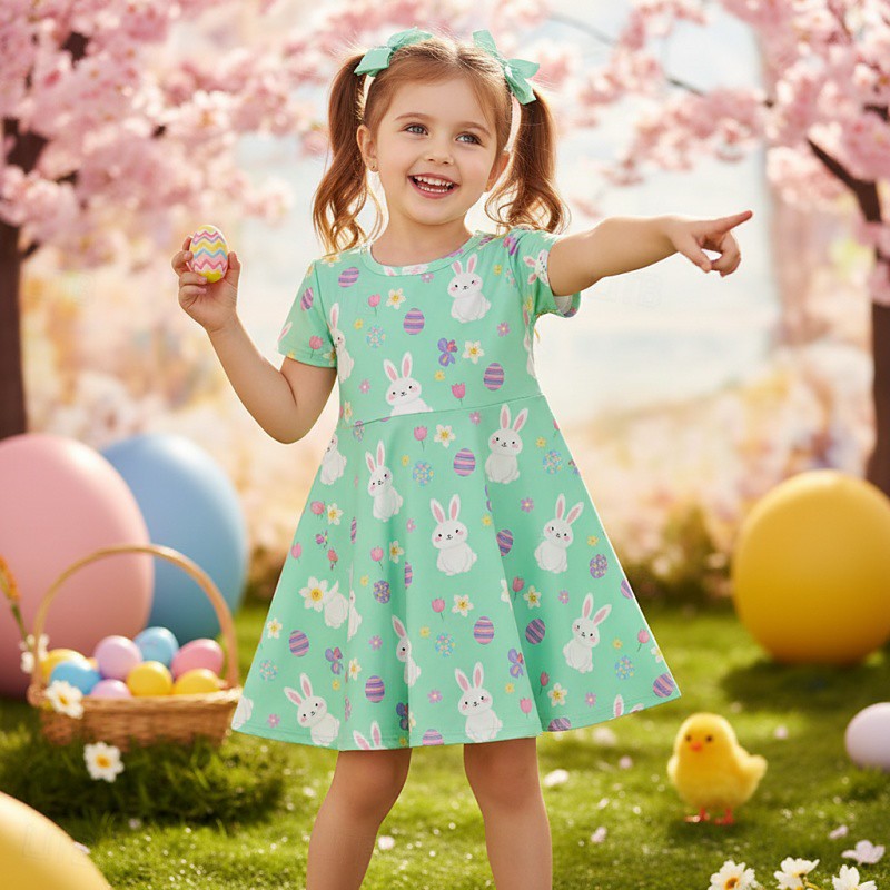 Easter Girls' 3D Graphic Rabbit Bunny Dress Short Sleeve 3D Print Summer Spring Daily Vacation Party Cute Basic Casual Kids 4-12 Years Casual Dress A Line Dress Knee-length Regular Fit