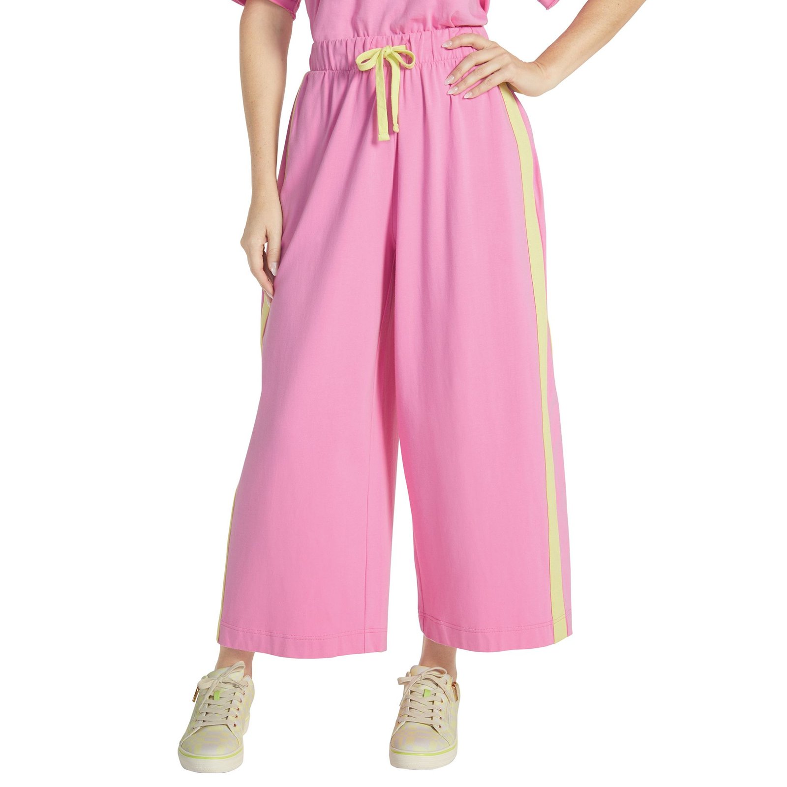 VEVO ACTIVE Racing Stripe Cropped Pant (Size 4X) Fuchsia Pink/Lime, Cotton,Spandex