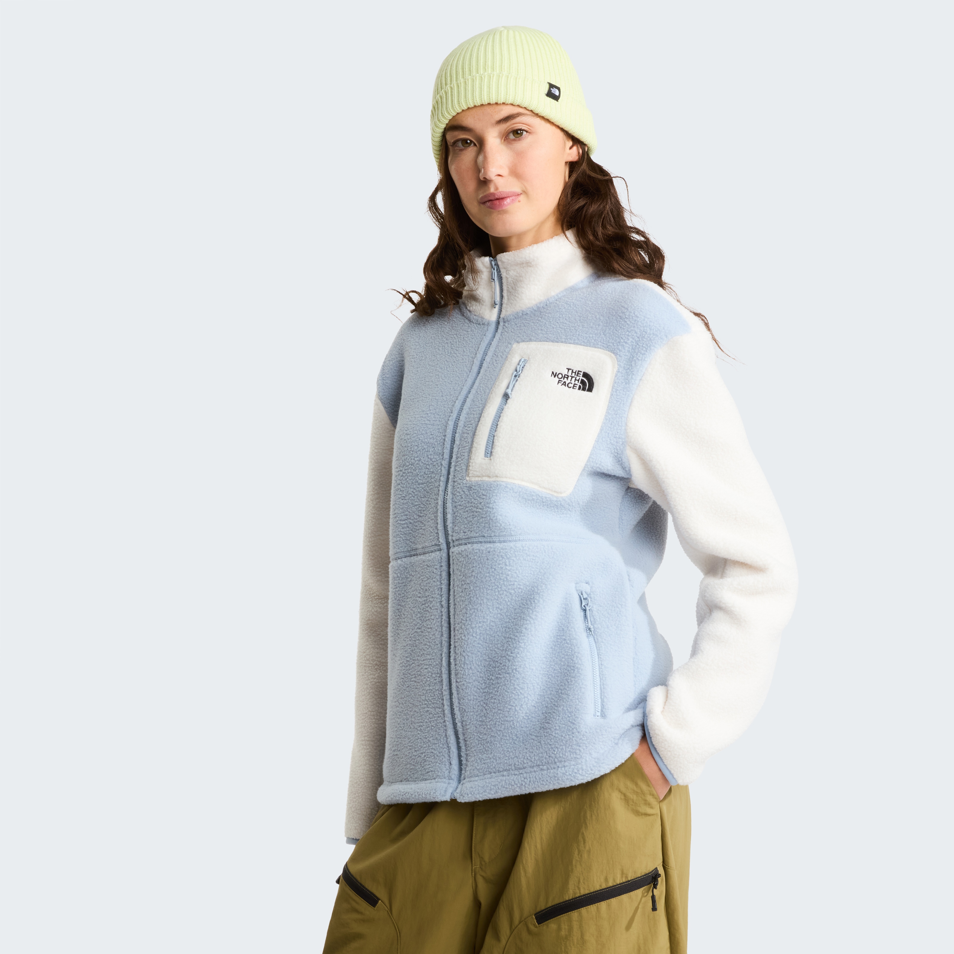 Strickfleece-Pullover THE NORTH FACE "W YUMIORI FULL ZIP", Damen, Gr. S, frost grau, weiß dune, frost grau, Obermaterial: 100% Polyester, Pullover, aus Polyester, mit durchgehendem Reißverschluss