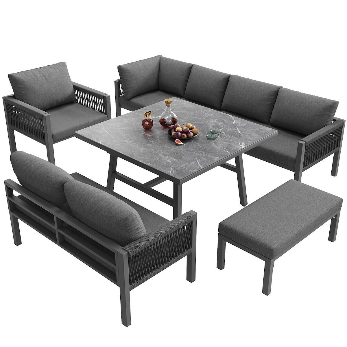 Merax modulares Outdoor Lounge Set für 8 Personen, Verzinktes Eisen, mit Seilgeflecht, wetterfest, Grau Image
