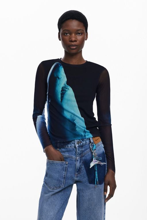 Long-Sleeve Shark T-Shirt Botter, Polyester - Blue - Desigual Tops