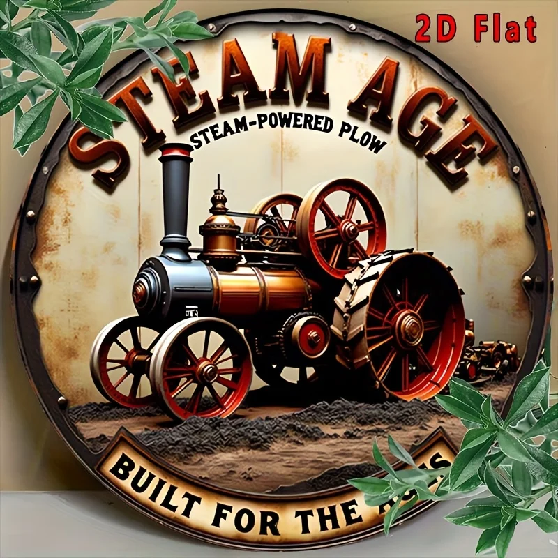 2D Flaches Vintage Steam Age Tractor Metallschild | Rustikale Aluminium-Wandkunst | 7,8x7,8 Zoll Runde Retro-Industrie-Dekoration für Bar, Café & Image