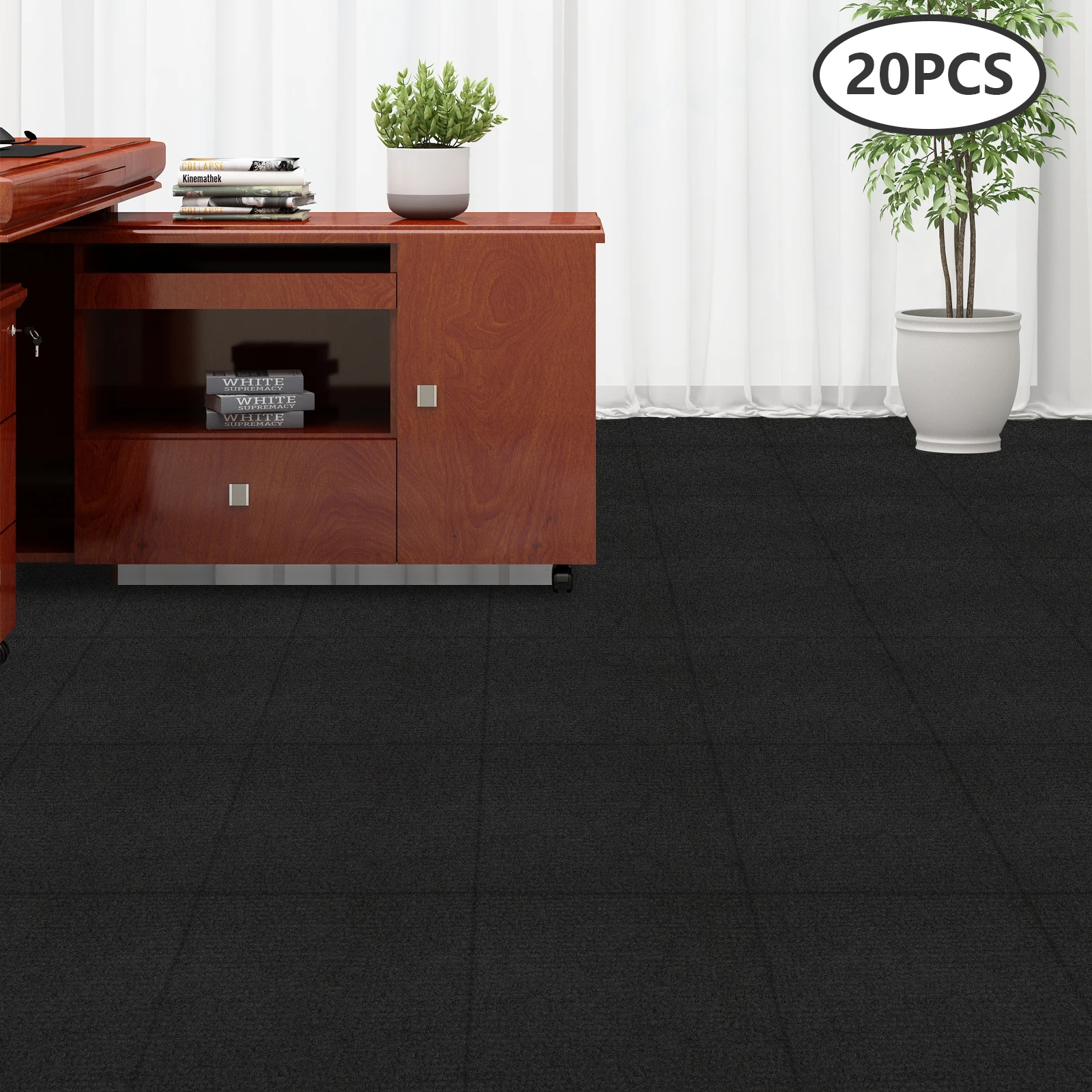 Rutschfeste Teppichfliesen zur Geräuschreduzierung, DIY-Fußmatten aus weicher Polyesterfaser, modernes schwarzes Quadrat für Wohnzimmer, Schlafzimmer, Büro Image