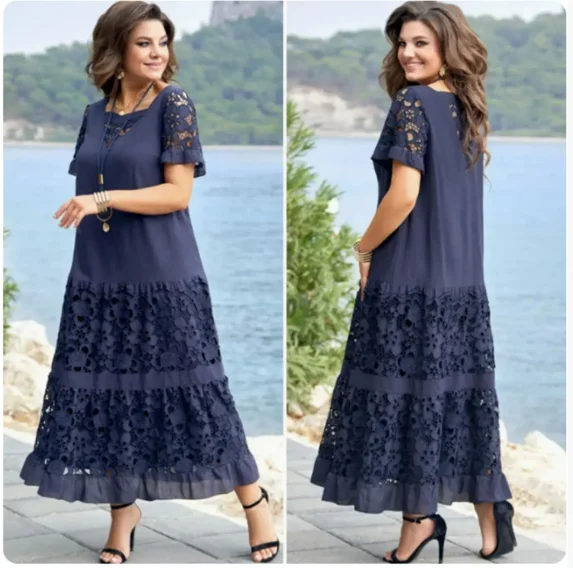 Sommer frauen Kleid Einfarbig Lässige Mode Patchwork Elegante Spitze Kurzen ärmeln Sexy Hohl V-ausschnitt Lose Taille Lange kleid Image