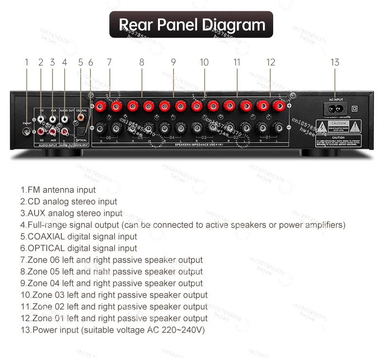 Professioneller 600 W 6-Zonen 12-Kanal-Hifi-Leistungsverstärker mit Metallgehäuse und mehreren Zonen Image