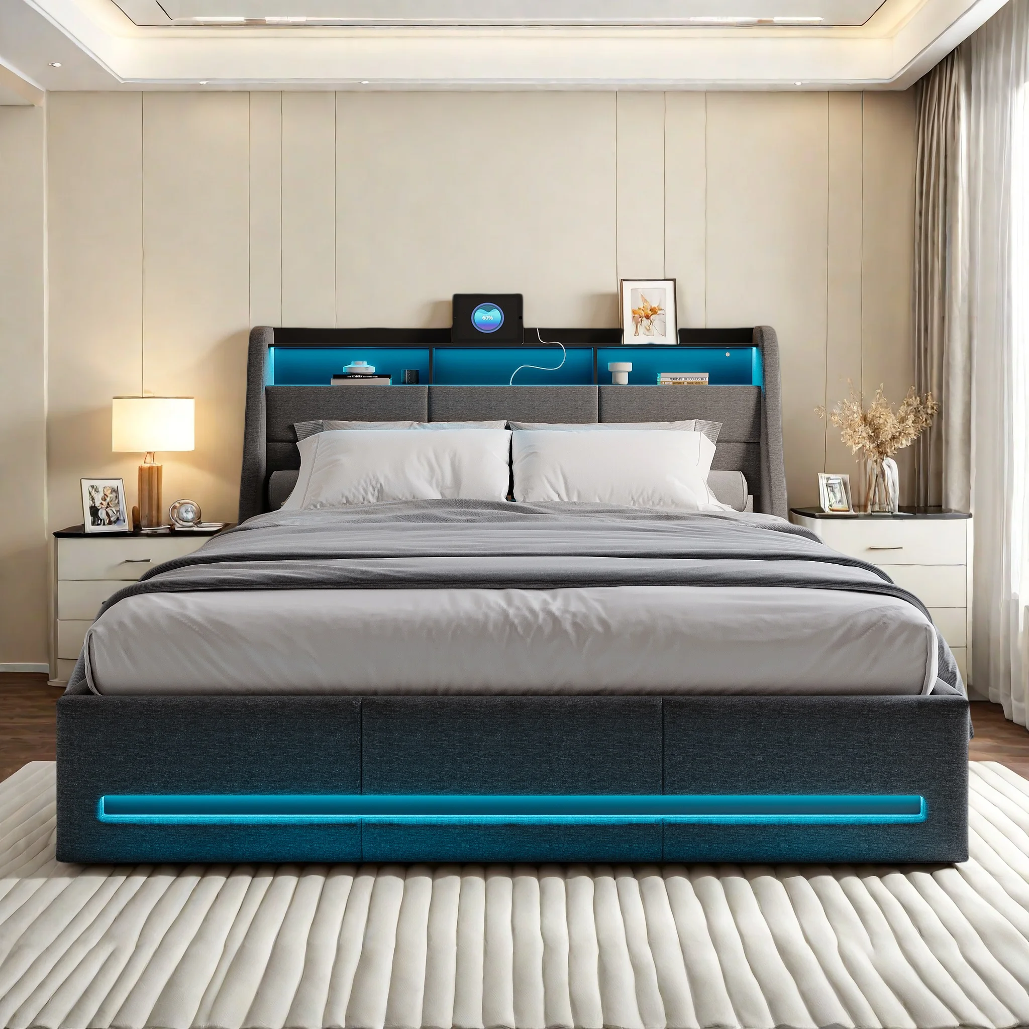 Rosahqnda Polsterbett 160x200 cm mit LED-Kopfteil, Doppelbett mit USB und Lattenrost, Hydraulischer Stauraum, Leinen