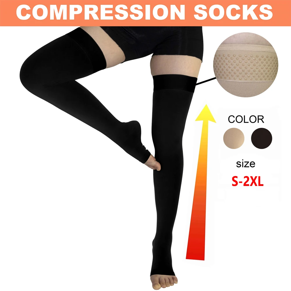 1 Paar oberschenkelhohe Erholung nach Operationen, 20–23 mmHg Kompression für Männer und Frauen, Ganzkörper-Ted-Schlauch, offene Spitze, Weiß/Schwarz Image