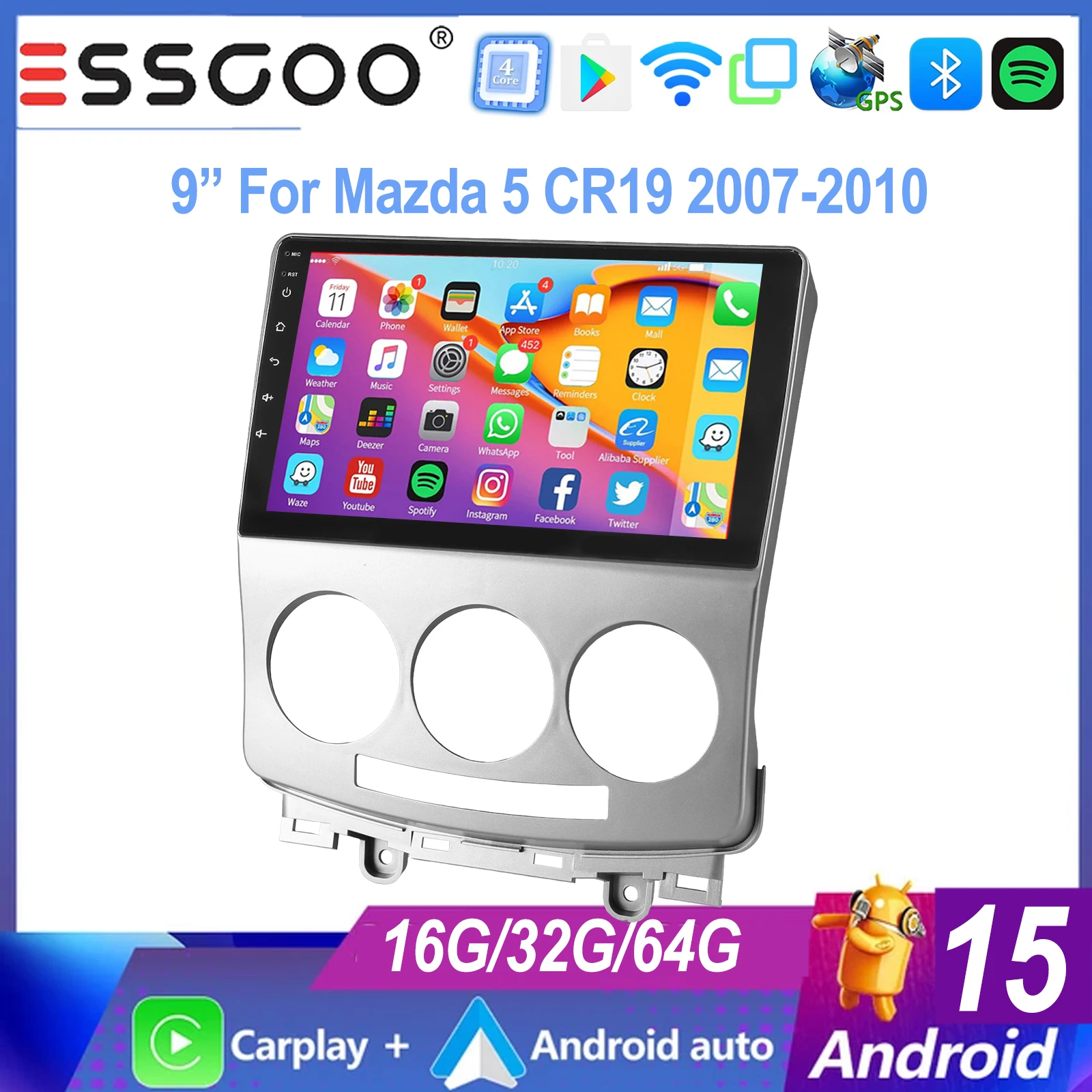 ESSGOO Android 15 9 Zoll für Mazda 5 CR19 2007–2010 GPS Navi Autoradio Radio Wireless CarPlay Android Auto FM WIFI RDS FM BT SWC Image