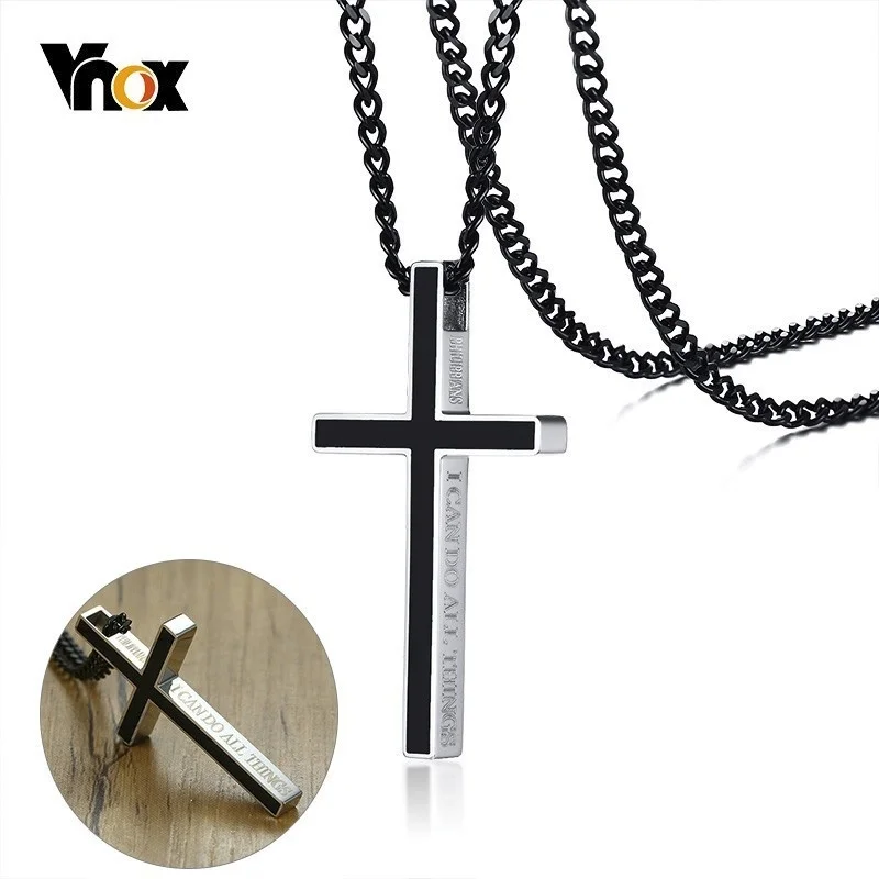 Vnox Spezielle Bibel Kreuz Anhänger für Frauen Männer Edelstahl Halskette Jesus Christus Gebet Schmuck Philipper 4:13 Image