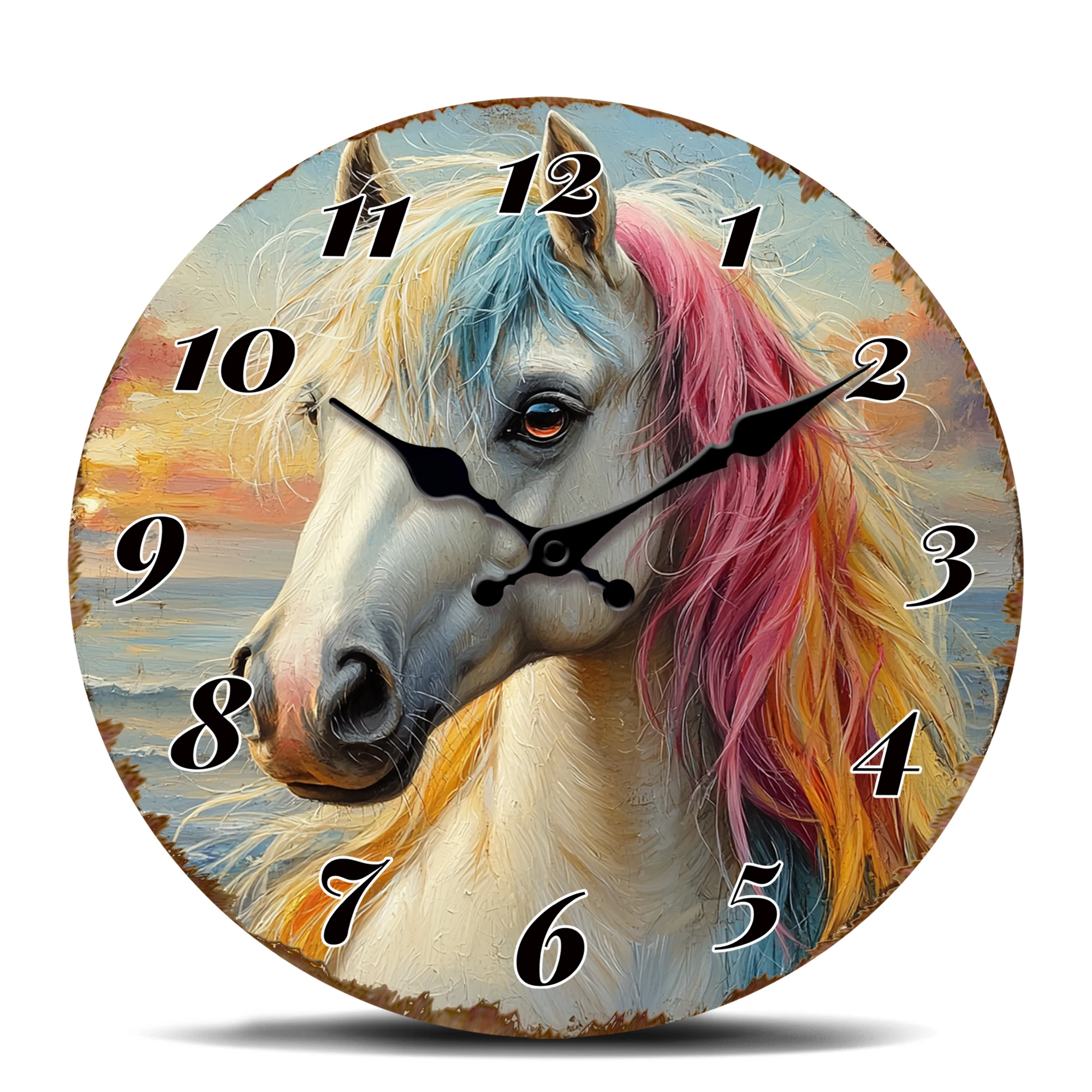 Bunte Einhorn-Pferdekopf-Wanduhr, Fantasie-Kreatur-Kunst-Dekorativer Zeitmesser für Kinderzimmer, Mythisches Tier-Themen-Design