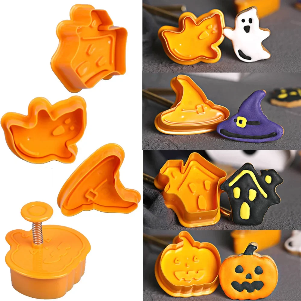 4 Stücke Halloween Kürbis Geist Thema Kunststoff Ausstecher Kolben Fondant Schokolade Form Kuchen Dekorieren Werkzeuge Image