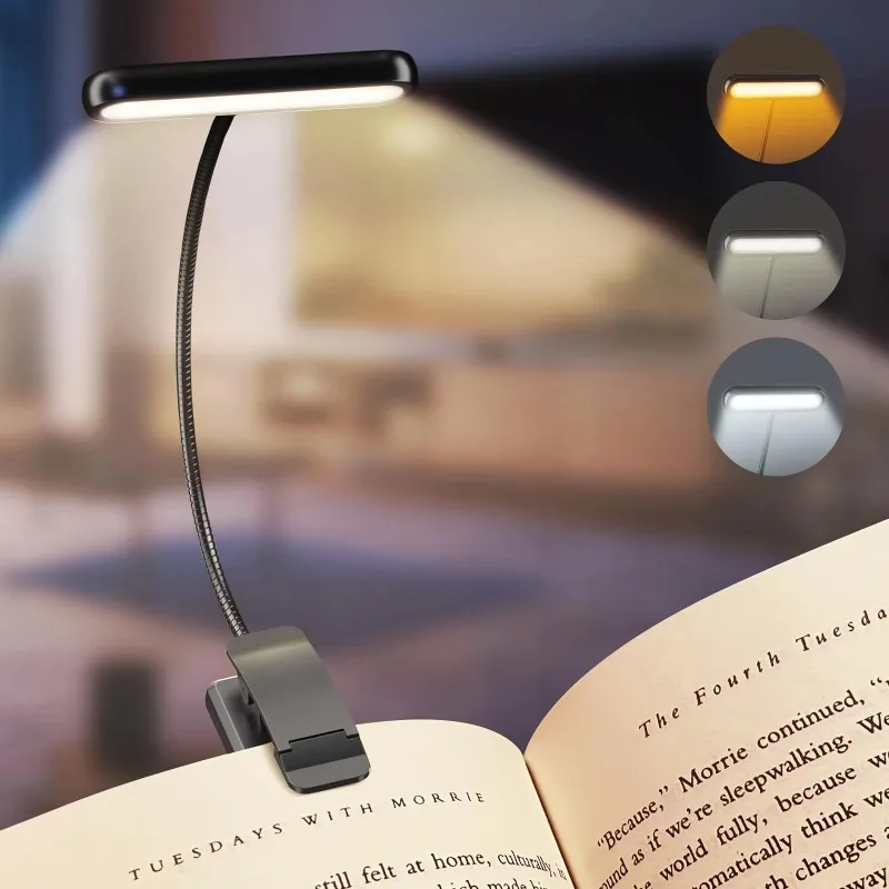 Lampe de lecture LED pour livre, lumière de lecture, protection des yeux, clip-on, rechargeable par USB, lumière tamisable, lampe flexible réglable, lampe de lecture nocturne