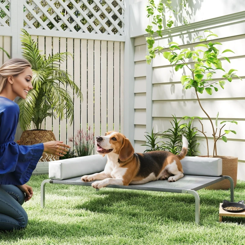 Hundebett für den Außenbereich, erhöhtes Hundebett für mittelgroße Hunde, mit L-förmigem Kissen 110x75x30cm, hellgrau Image