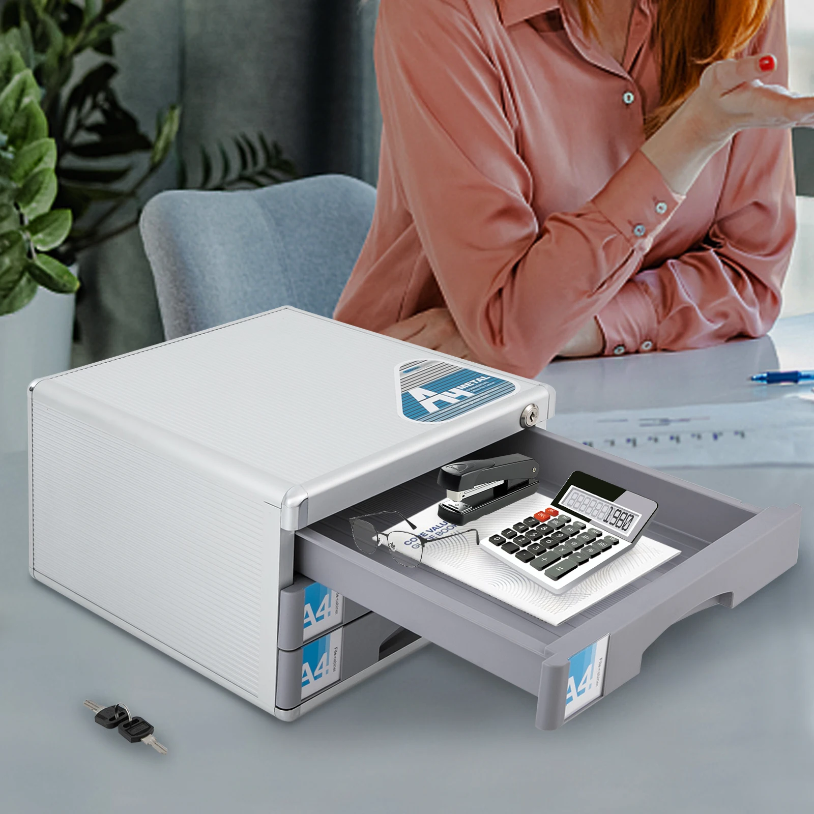 11,8*14*8in A4 Abschließbare Schublade Organizer Stabil Desktop-Schublade Organizer Für Büromaterialien Visitenkarten Image