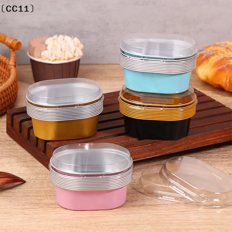 10 Stück Cupcake-Förmchen aus Aluminiumfolie mit Deckel, antihaftbeschichtete Backförmchen aus Folie, 68 ml, ovale Pudding-Dessertbecher, Hochzeits-Partyzubehör (CC11) Image