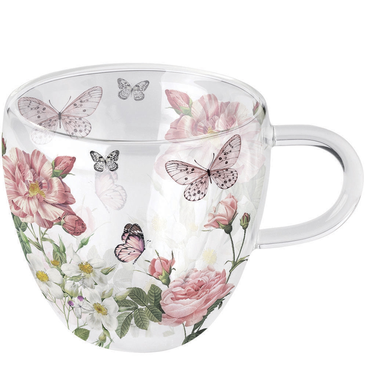 Ambiente Tasse 10cm Glas doppelwandig mit Rosen & Schmetterling Motiv - 0,2L Glastasse Glasgeschirr Kaffeeglas Teeglas Kaffeetasse Teetasse Kakaotasse Image