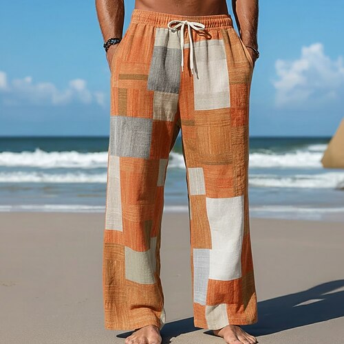 Herren Geometrisch Farbblock Patchwork Hose Freizeithose Baggy-Hosen Mittlere Taille Mode Heim Outdoor Urlaub Elastischer Kordelzug in der Taille Leinenähnliche Hose mit Taschen Sommer Frühling Image