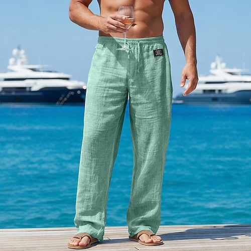 Herren Hose Sommerhose Baggy-Hosen Strandhose Elastischer Bund Gerader Schnitt Einfach Komfort Atmungsaktiv Volle Länge Lässig Täglich Outdoor Urlaub Mode Blau Schwarz Unelastisch Image