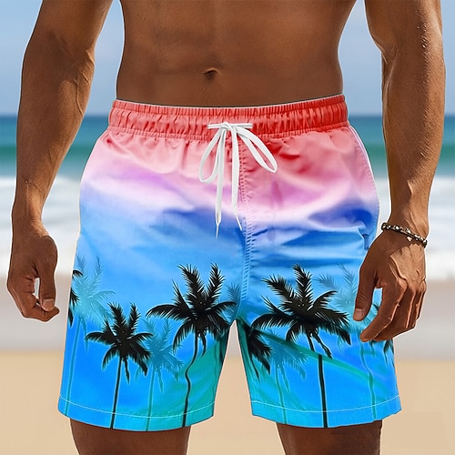 Herren Kokospalme Farbverlauf Tropische Pflanzen Badehosen Badeshorts Boardshorts Mittlere Taille Hawaiianisch Strandurlaub Seitentaschen Netzfutter Elastischer Kordelzug in der Taille Designer Image