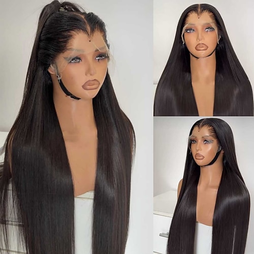 Remy Echthaar 5x5 Verschluss 13x4 Spitzenfront Perücke Mittelscheitel Brasilianisches Haar Glatt Natürlich Perücke 150% 180% Haardichte mit Babyhaaren Natürlicher Haaransatz 100% Unbehandelt Image